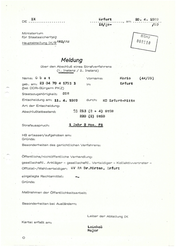Stasi BStU 110 - Meldung über den Abschluß eines Strafverfahrens